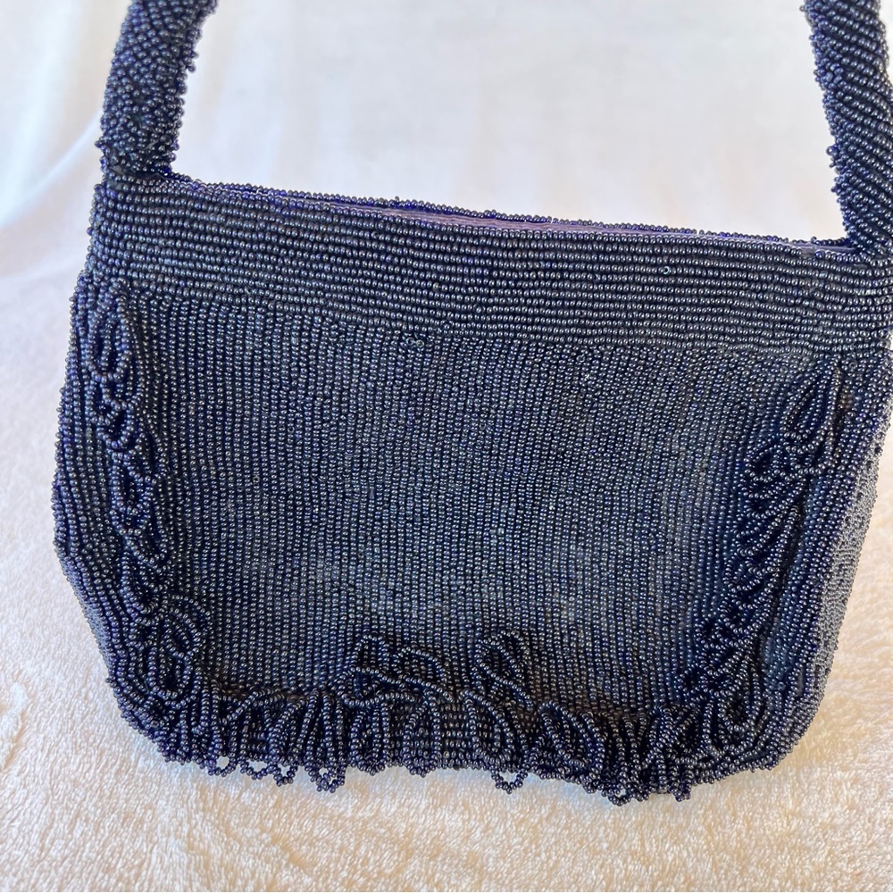 VINTAGE BLACK BEADED FRINGE SMALL HANDBAG SNAP CLOSE